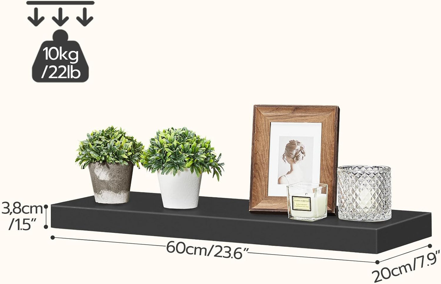 HOOBRO Floating Shelves for Wall, Wall Mounted Shelf Set of 2, 23.6" Hanging Shelf with Invisible Brackets, for Wall in Bathroom, Bedroom, Toilet, Kitchen, Living Room, Office, Black BK60BJ01