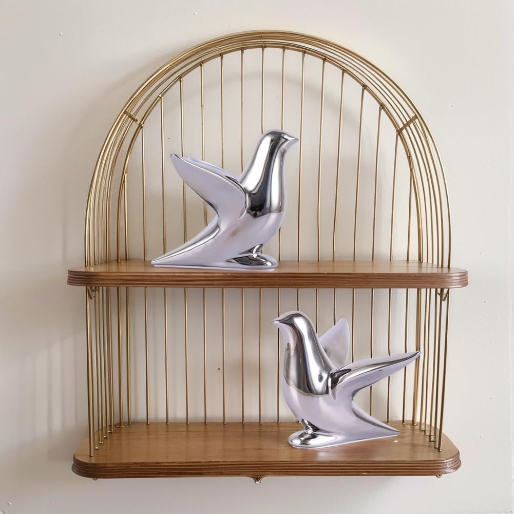 Silver Decor Accents – Modern Silver Ceramic Bird Figurine, 5.1in Decorative Bird Statue for Shelf, Table or Bathroom, Small Animal Sculpture Gift for Bird Lovers, Bird Room Decor