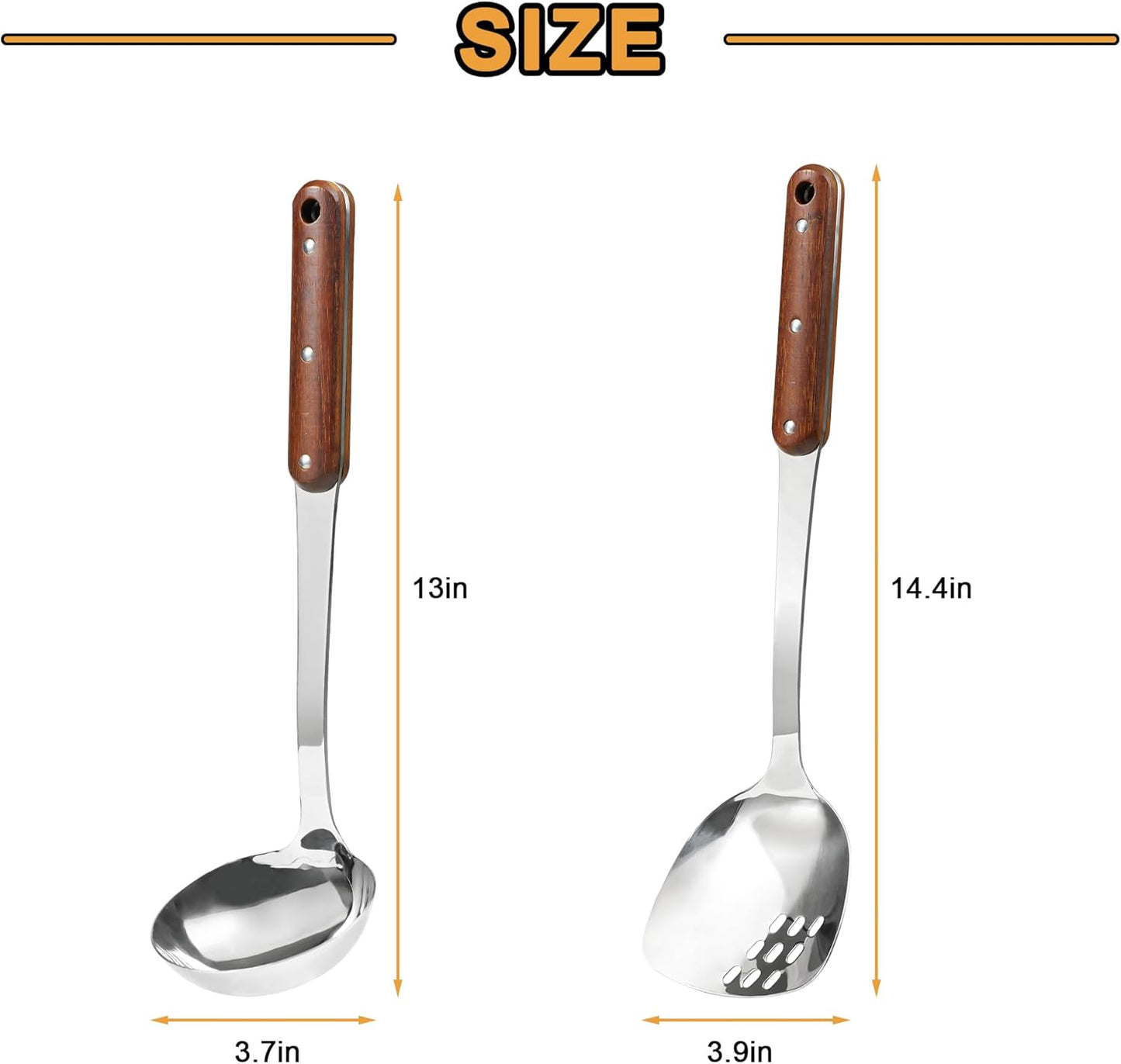 FJNATINH Stainless Steel Wok Spatula and Ladle Tool, Mirror Polished Cooking Utensils Set Metal Wok Accessories with Wooden Handle,Easy to Clean Kitchen Utensils,Sliver