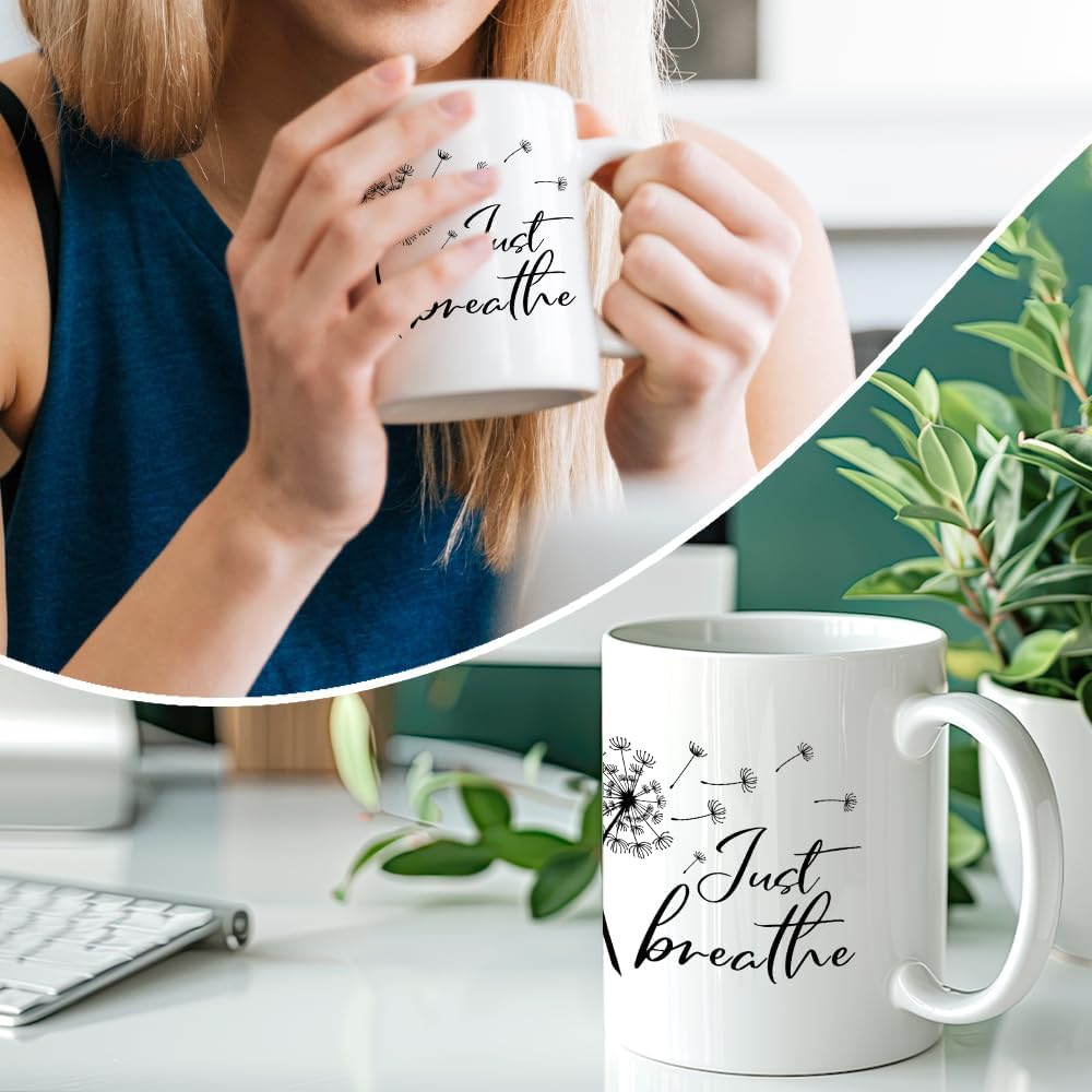 RZHV Just Breathe 11 Oz Novelty Mug, Funny Dandelion Coffee Mug for Floral Lover, Calming Gifts for Yoga Lover, Meditation Mental Health Gifts for Women
