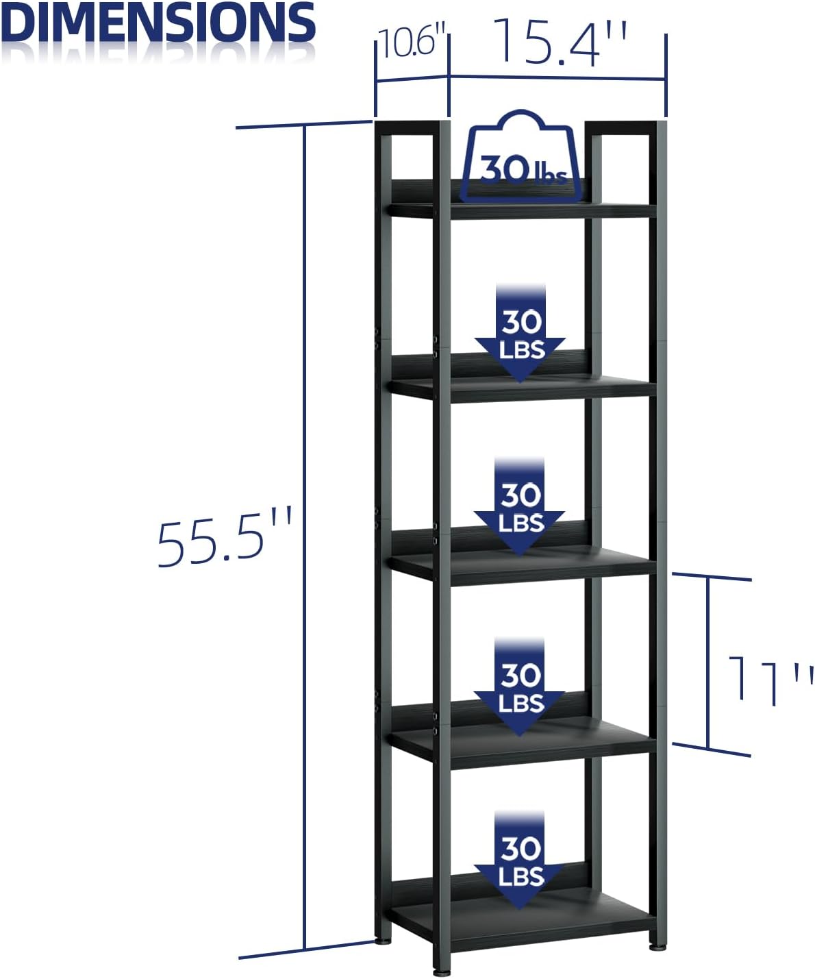 NUMENN Narrow Bookshelf, 5 Tier Bookshelves, Home Office Bookcase Shelf Storage Organizer, Free Standing Storage Shelving Unit for Bedroom, Living Room and Home Office, Black