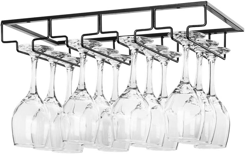 Wine Glass Rack Under Cabinet - Stemware Holder Metal Wine Glass Organizer Glasses Storage Hanger for Bar Kitchen Black 4 Rows