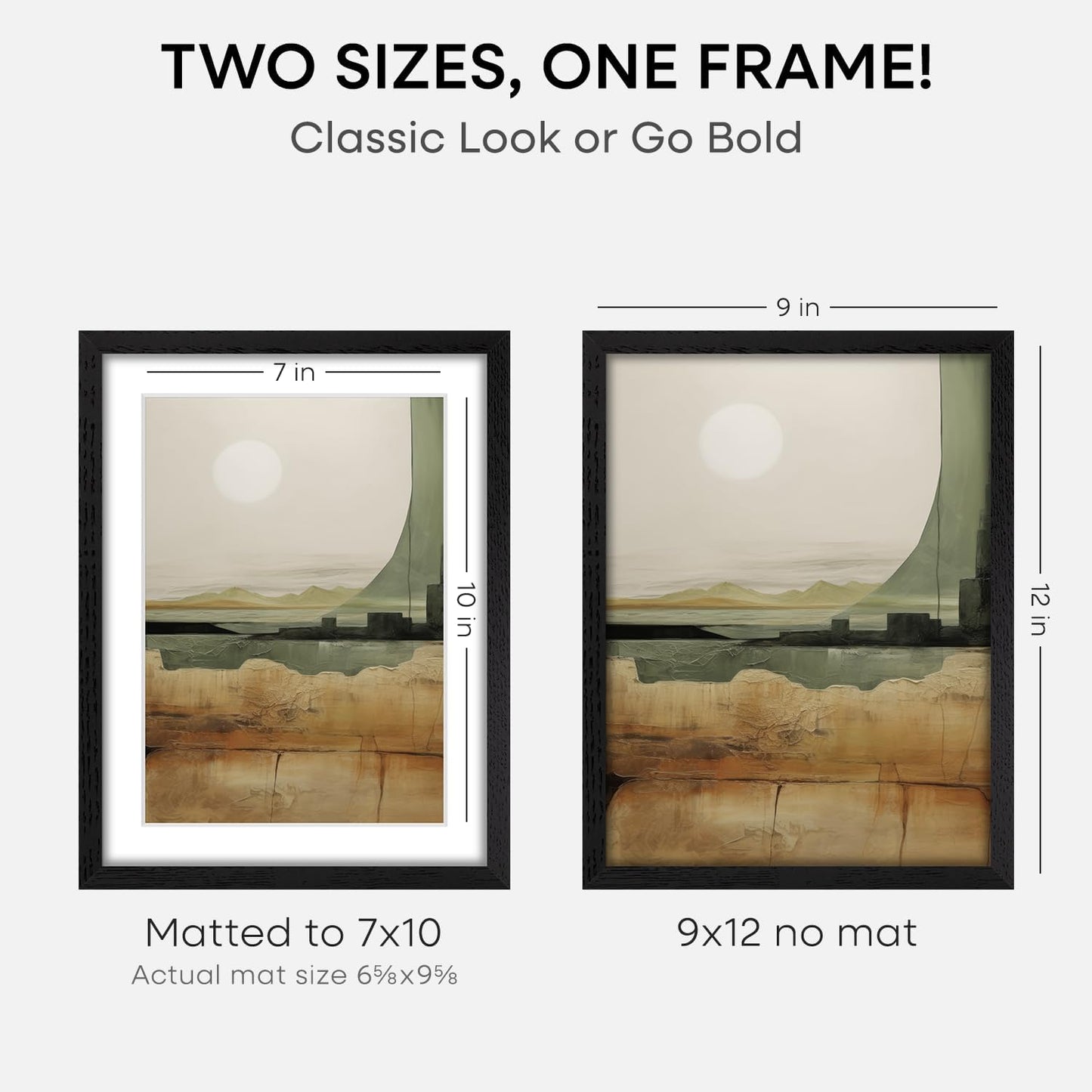 Homeforia 9x12 Black Wood Picture Frame, High End Oak 9 x 12 Frames with Mat 7 by 10 Art, 9by12 Black Wooden Frame Matted to 7x10 inch Photo, Wall or Tabletop Frame, Tempered Glass, Wall Kit, Set of 1