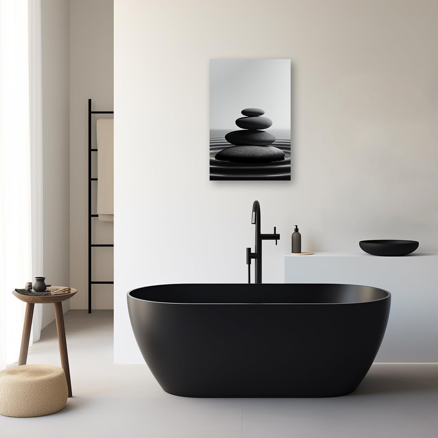 DOARTDO Zen Stone Canvas Wall Art Black and White Spa Stones Picture Print Modern Meditation Spirit Bathroom Decor Frame (16.00" x 24.00", Zen Stone - 1)