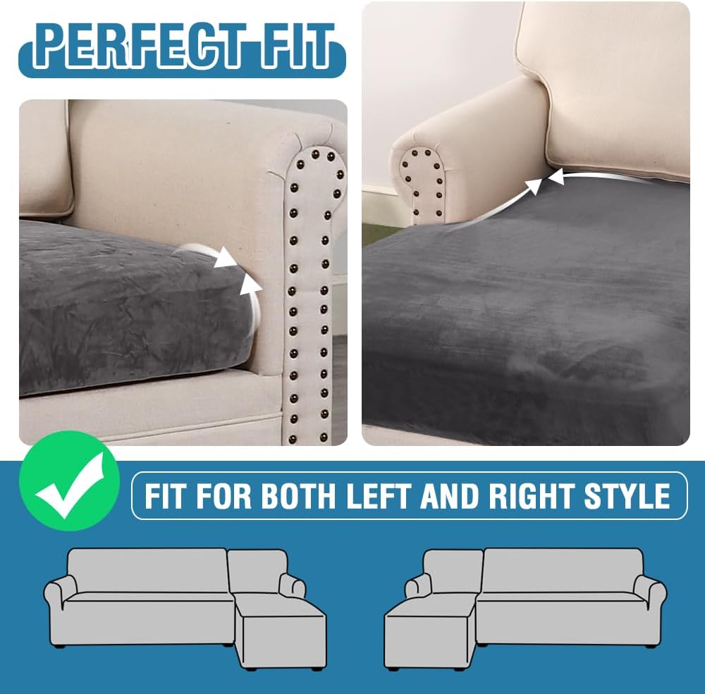 H.VERSAILTEX Velvet Stretch Sectional Couch Covers 3 Pieces Sofa Seat Cushion Covers L Shape Separate Cushion Couch Cover for Both Left/Right Sectional Couch (Large Sofa 2 Seater + 1 Chaise, Grey)