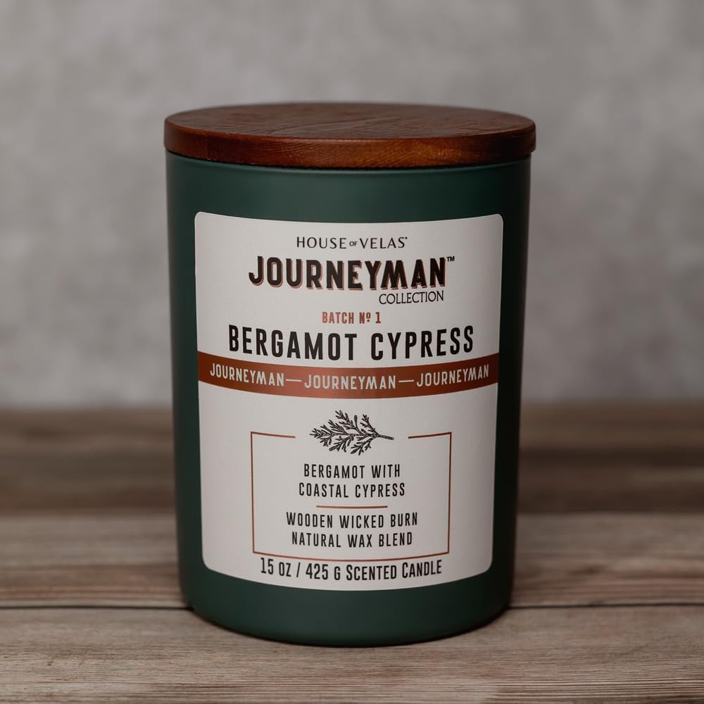 Journeyman Collection Candle, 15oz, Wooden Wick, Bergamot Cypress, Large Painted Jar