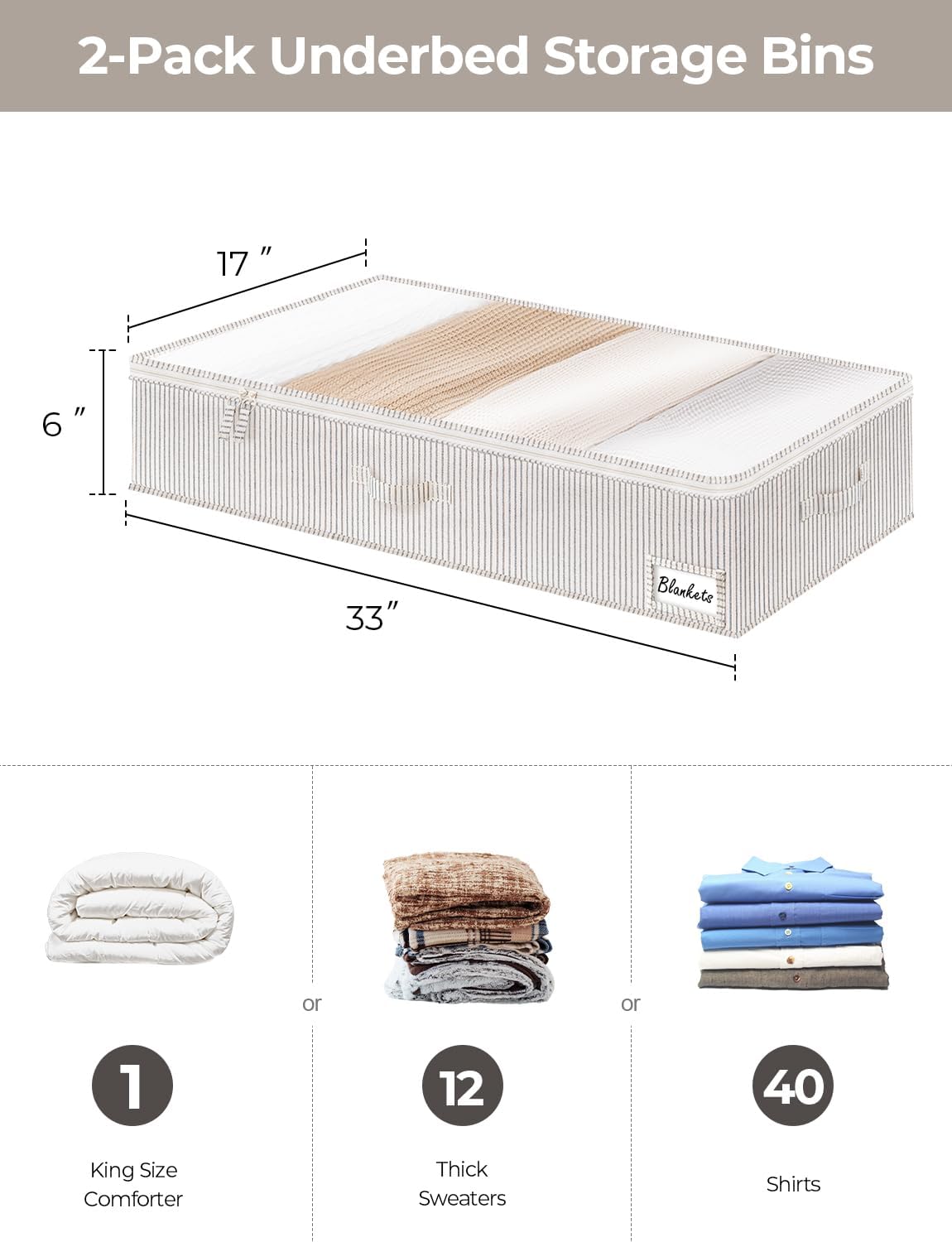 StorageWorks Large Under Bed Storage Containers with Handles and Label Holder, 2 Pack Ultra-thick Fabric Underbed Bins, Closet Organizer for Clothes, Blankets, Sweater