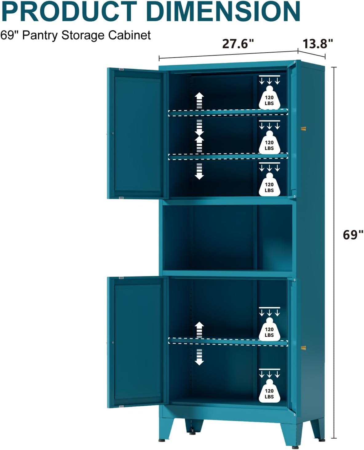 69" Tall Kitchen Pantry Cabinet, Metal Storage Cabinet with 4 Doors and Adjustbale Shelves, Freestanding Cupboards for Dining Room, Living Room, Bathroom