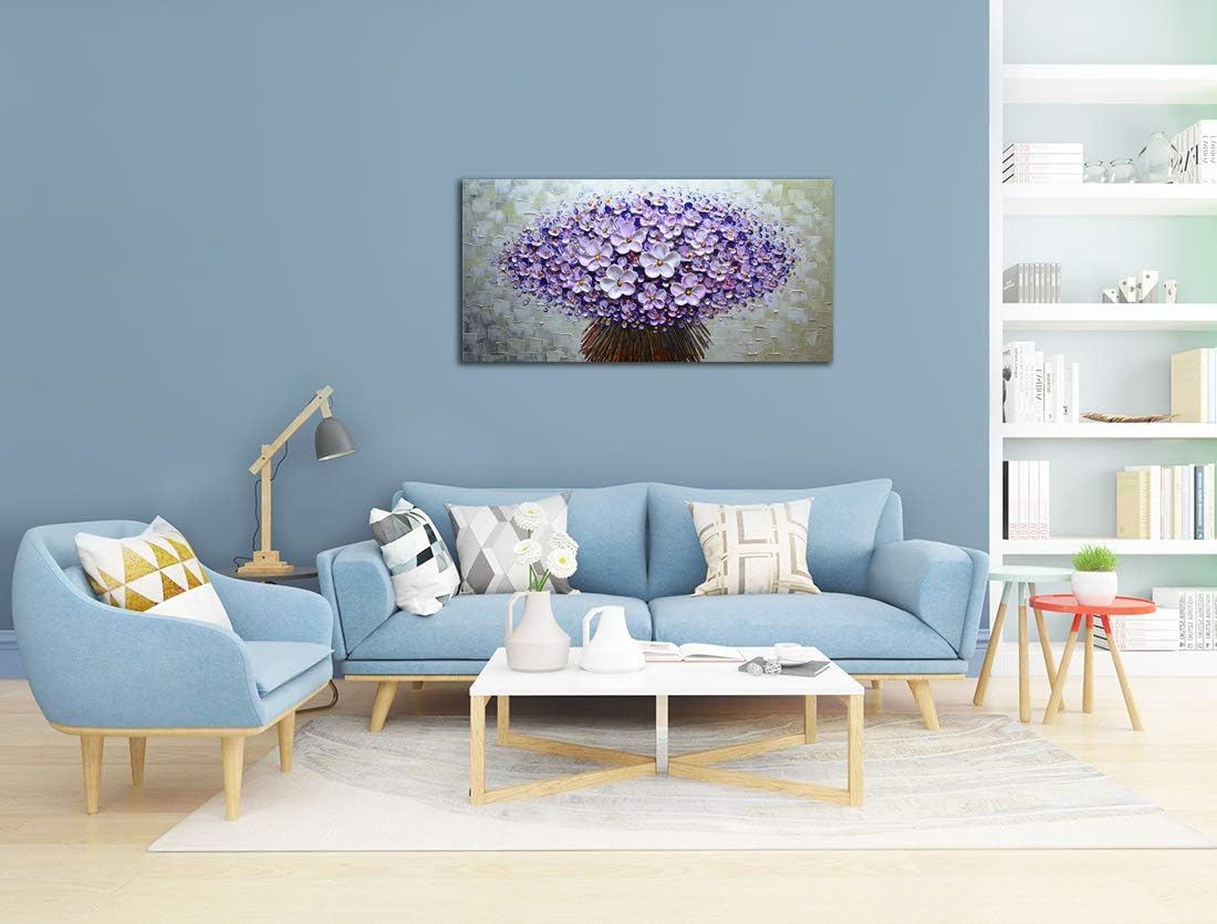 V-inspire Art, 24x48 Inch Modern Canvas Art Textured Purple Flower Oil Painting Contemporary Artwork Floral Hangings Stretched and Framed Ready to Hang Wall Decoration Abstract Painting
