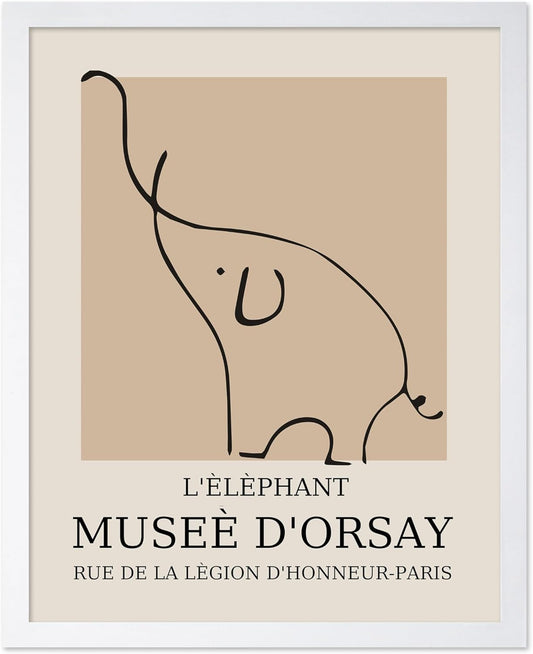 Poster Master Vintage Poster - Retro Minimalist Print - Gift for Artist, Housewarming - Elephant, Line Drawing, Sketch, Abstract - Wall Decor for Living Room, Bedroom, 16x20 White Framed
