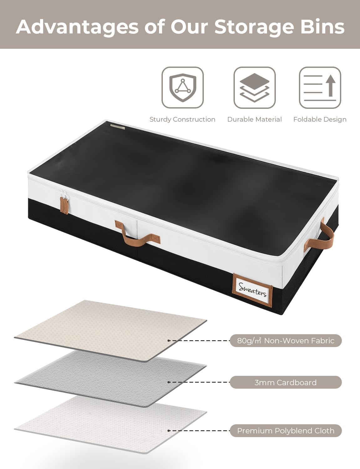 StorageWorks Large Under Bed Storage Containers with Handles and Label Holder, 2 Pack Ultra-thick Fabric Underbed Bins, Closet Organizer for Clothes, Blankets, Sweater