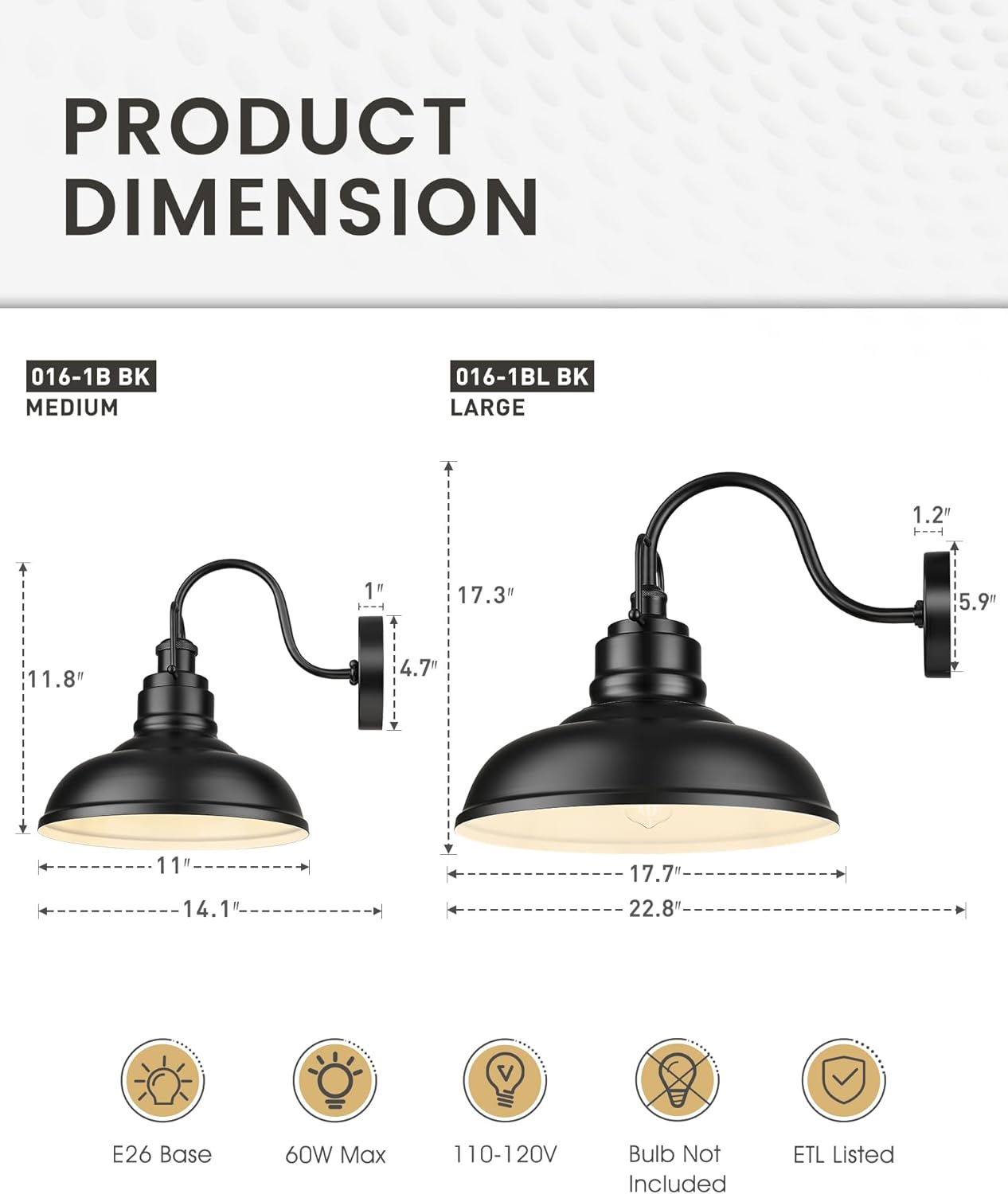 zeyu 2 Pack Gooseneck Barn Lights, Exterior Wall Mount Light for Porch, 18 Inch Modern barn Lights, Matte Black Finish, 016-1BL-2 BK
