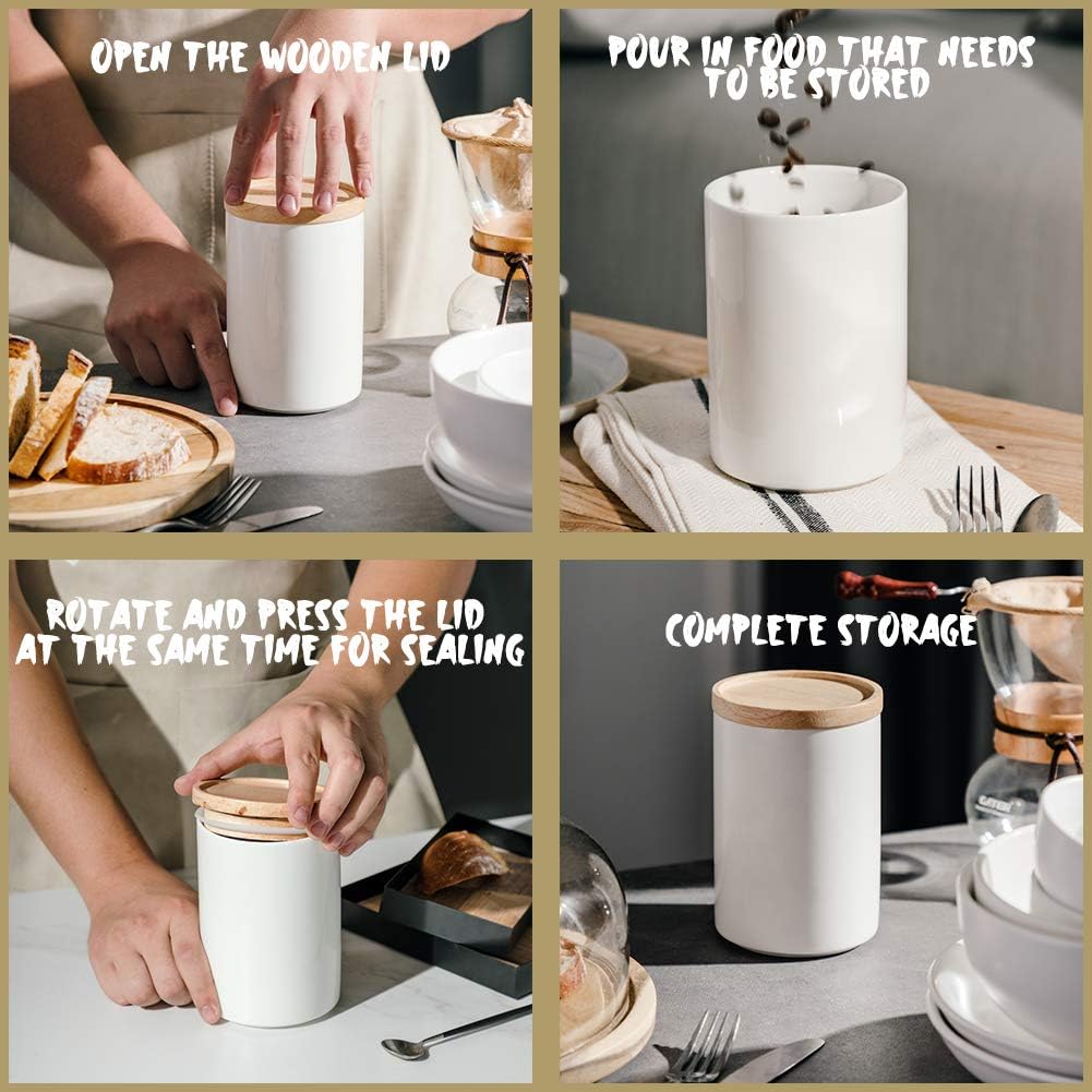 Sweejar Kitchen Canisters Ceramic Food Storage Jar Set, Stackable Containers with Airtight Seal Wooden Lid for Serving Ground Coffee, Tea, Herbs, Grains, Sugar, Salt - Set of 4(Gray)