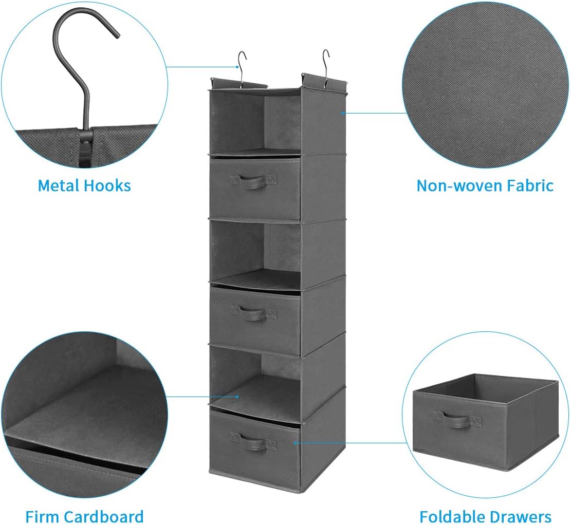 MAX Houser 6 Tier Shelf Hanging Closet Organizer, Closet Hanging Shelf with 2 Sturdy Hooks for Storage, Foldable (Grey-D3)