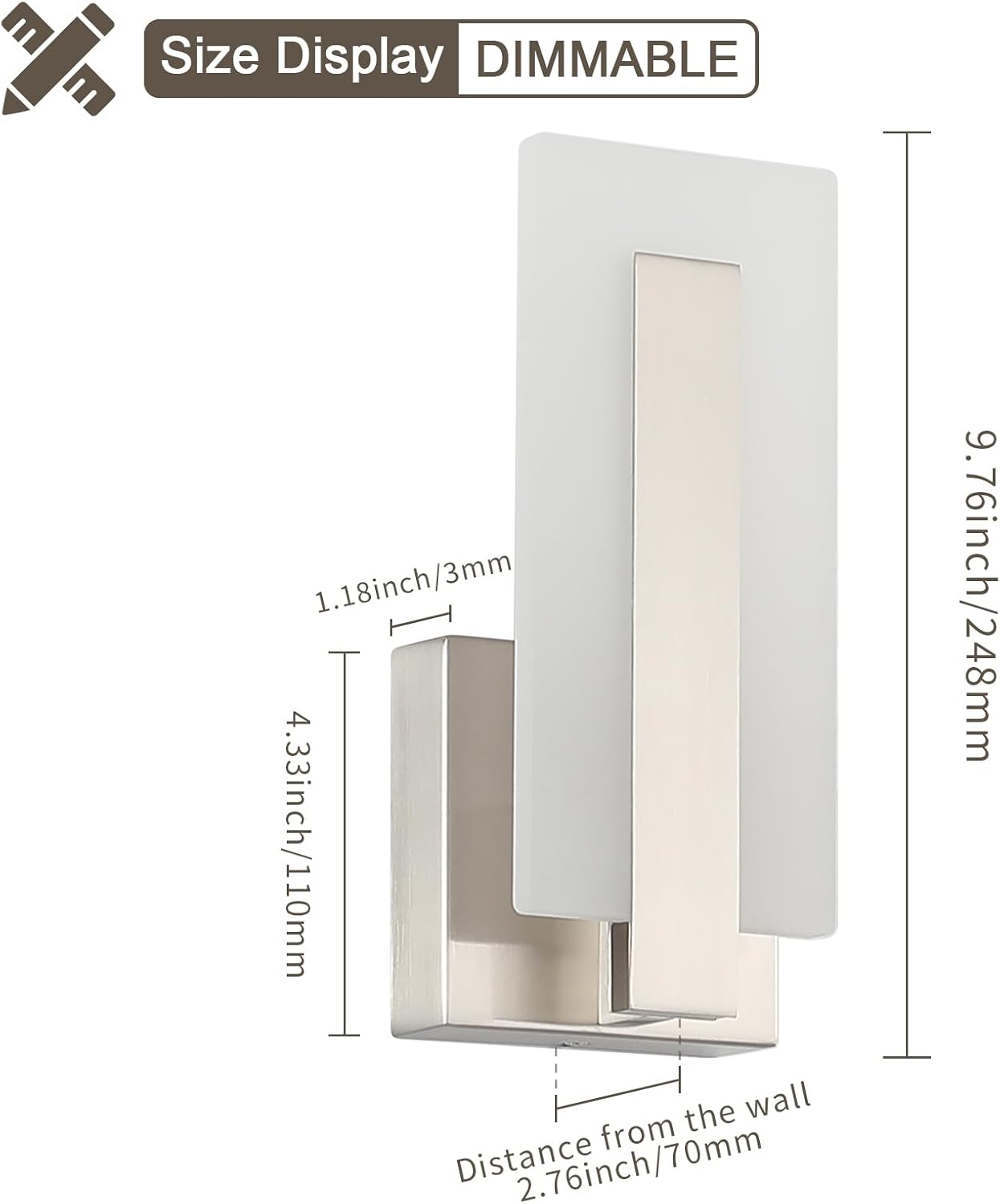 Joosenhouse LED Wall Sconce Set of 2, Hardwired Dimmable Wall Mounted Lights, Indoor Wall Lights for Hallway, Bedroom, Study, Living Room, 9.76 Inch Brushed Nickel Wall Sconce Lighting