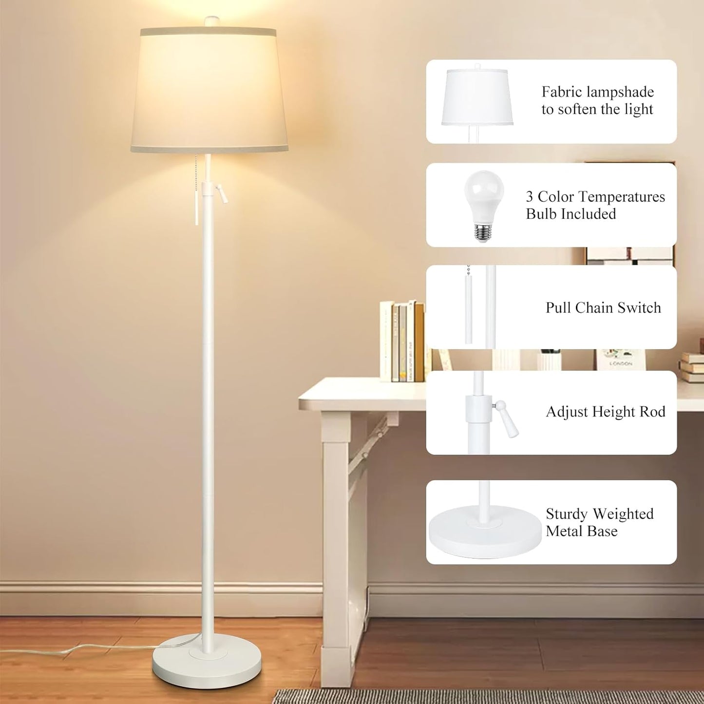White Floor Lamp for Living Room 55-65" Adjustable Height Modern Standing Lamp with Pull Chain Tall Pole Light with White Shade for Bedroom Reading Office Corner Nursery 9W LED Bulb Included 3 Color