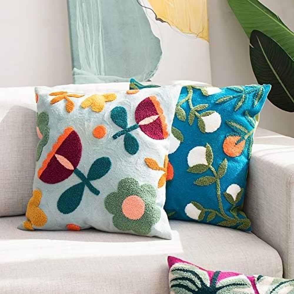 MOCOFO Canvas Embroidered Pillow Case Spring Embroidery Craft Modern Simple Sofa Office Pillow Pillow Case (Monstera, 18x18’’)