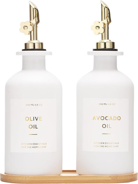 HOMCDALY Olive Oil Dispenser for Kitchen, 11.8oz Glass kitchen Dispenser Bottle, Gold Oil&Vinegar Cruet Set, Leakproof Oil Containers for Cooking| Set of 2 (11.8oz – Gold)