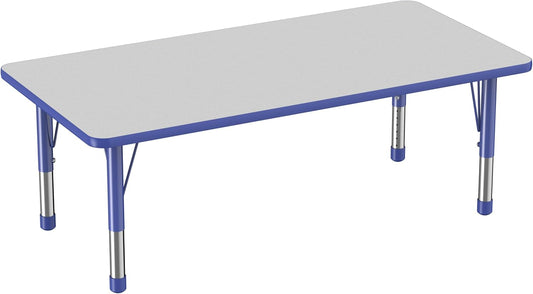 FDP Rectangle Activity School and Classroom Kids Table (30 x 60 inch), Toddler Legs, Adjustable Height 15-24 inches - Gray Top and Blue Edge