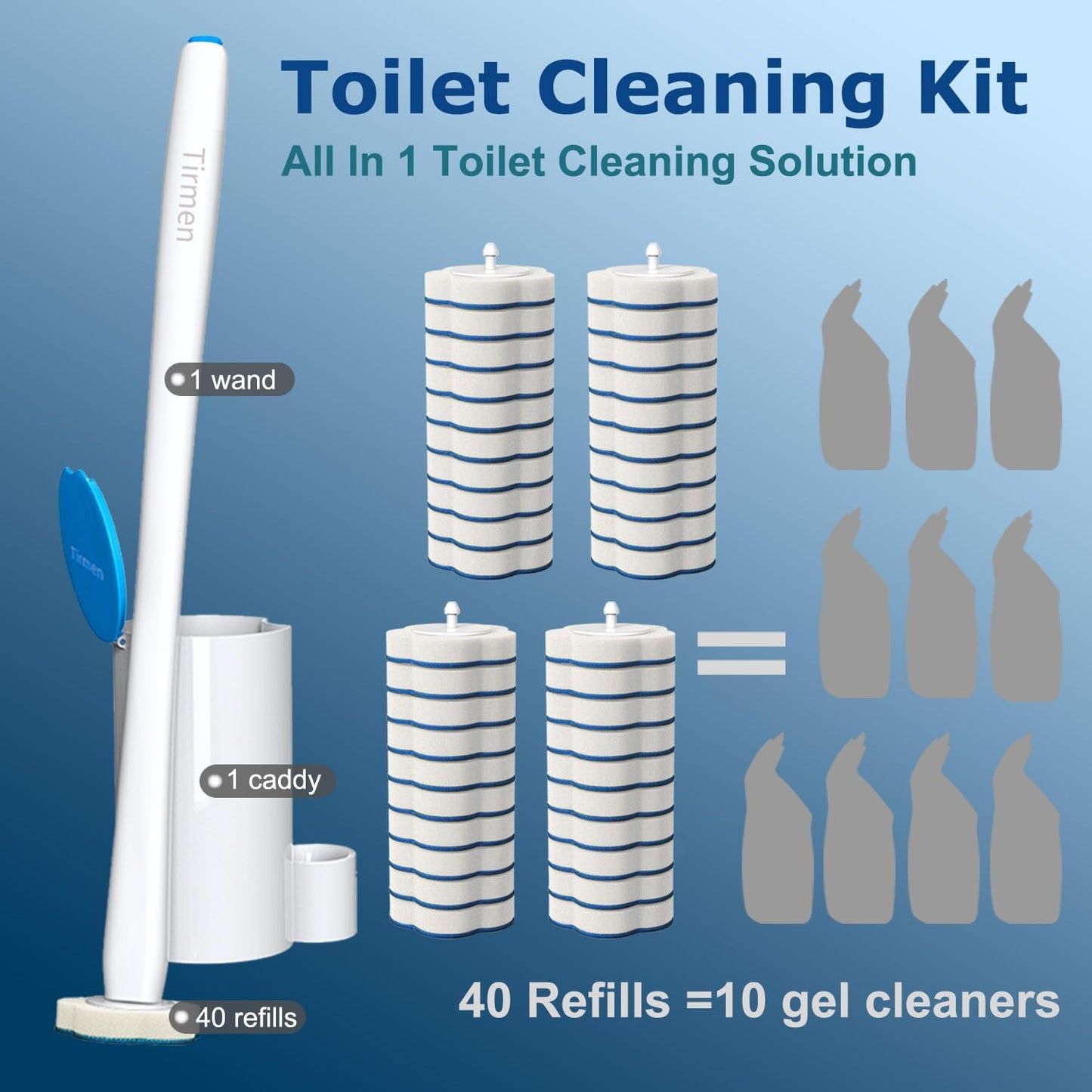 Disposable Toilet Brush: Toilet Bowl Brush and Holder Set with 24 Wand Refills, Upgraded Handle, 2X Cleaners, Toilet Cleaning System with Storage Caddy for Sink, Bathtub, Floor, Drain (2 Sets, Blue)