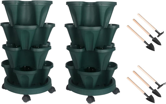 Vertical Planter 4 Tier Stackable Planters Garden Planters Strawberry Herb Flower and Vegetable Planter Indoor Outdoor Gardening Pots with Removable Wheels and Tools 2-Pack