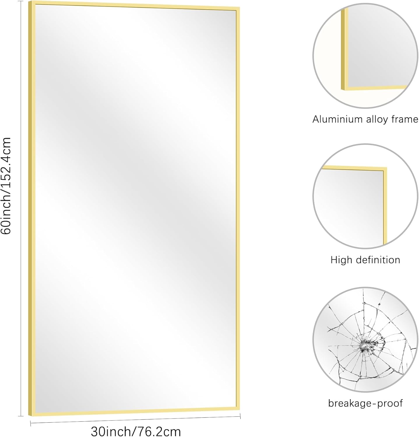 Gold Bathroom Mirror for Wall, 60x30 Inch Rectangle Mirrors with Metal Frame, Modern Vanity Wall Mirror Decor for Bathroom Living Room, Entryway Hangs Horizontal or Vertical