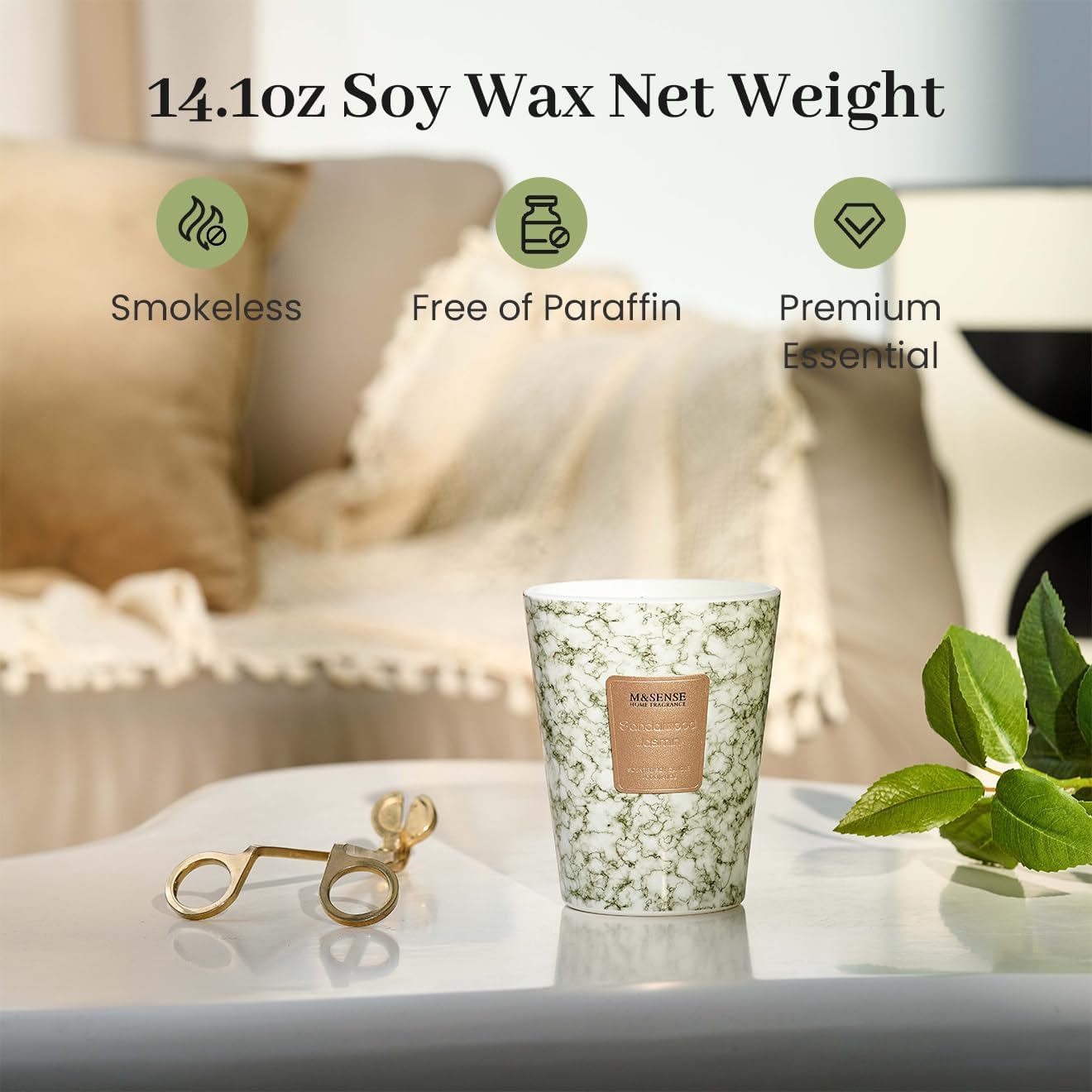 M&SENSE SandalWood Jasmine Scented Candles for Home, Lead-free Wick Highly Scented Jar Candles, 14.1 Oz 80 Hours Lasting Burning Candles Gifts for Women, Relaxing Aromatherapy Candle for Stress Relief