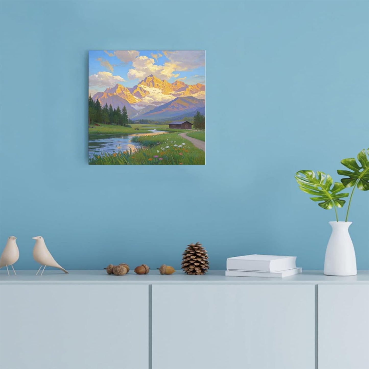The mountain stream and lawn scenery under the sun is suitable for posting in the living room bedroom office landscape poster wall painting