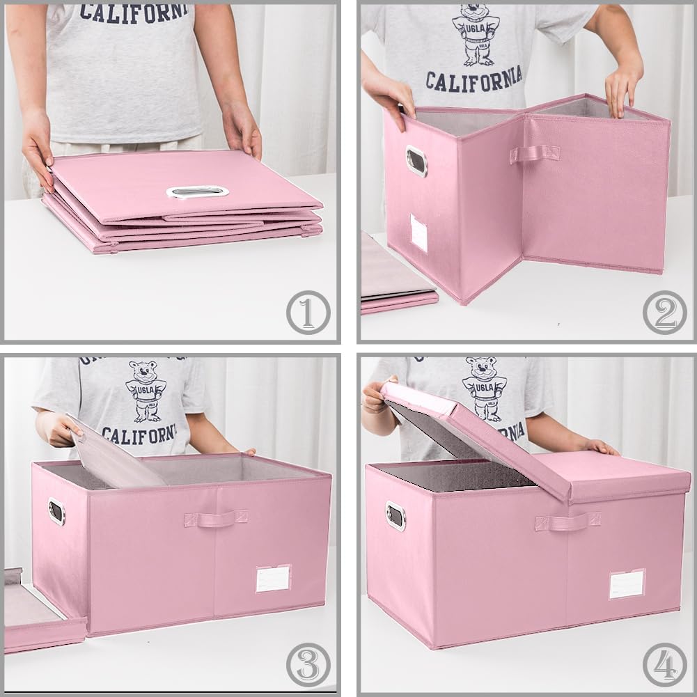 PRANDOM Collapsible Storage Box with Lid [1-Pack] Leather Fabric Foldable Storage Bin Organizer Container Basket Cube with Cover for Home Bedroom Closet Office Nursery Pink (22.8X15.7X11.8)