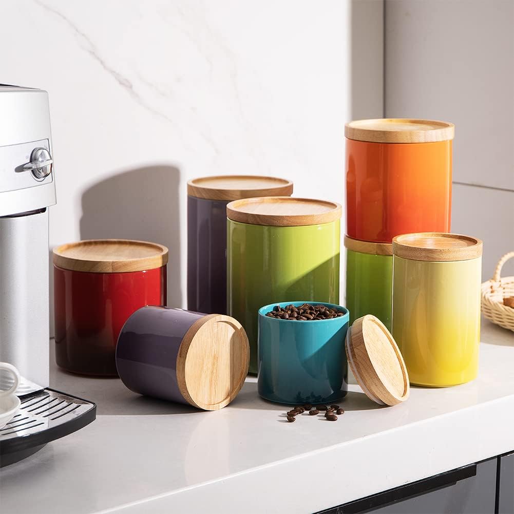 Sweejar Ceramic Food Storage Jar, Stackable Kitchen Canisters, Containers with Airtight Seal Wooden Lid for Serving Ground Coffee, Tea, Sugar, Salt and More - 28 Fl Oz (Gradient Red)