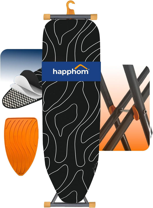 Ironing Board, Compact and Space Saver Ironing Board with Extra Thick 3 Layers Cover, Height Adjustable, Easy Storage with Smart Hanger and Heavy Duty Steel Legs, Black (13x43)