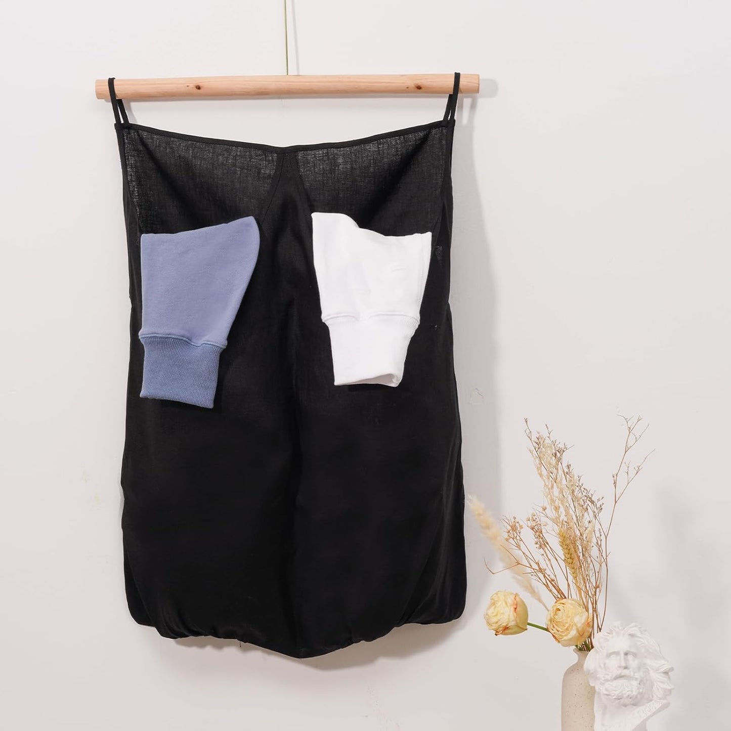 100% Pure Linen Dual Hanging Laundry Bag with 2 Deep Pocket and 2 Side Zipper 20x27in, Over The Door Laundry Hamper Space Saving Hampers for Dirty Clothes Home Travel, Black