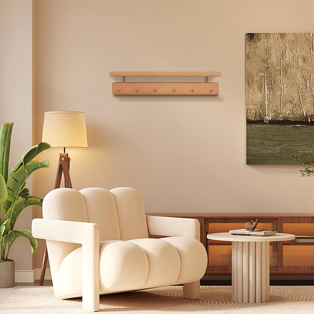 Shelf with Hooks, Solid Wood Bedroom Shelves for Wall, Wooden Coat Rack Wall Mount for Bathroom, Kitchen, Door Entryway (Beech, 38cm/14.96inch)