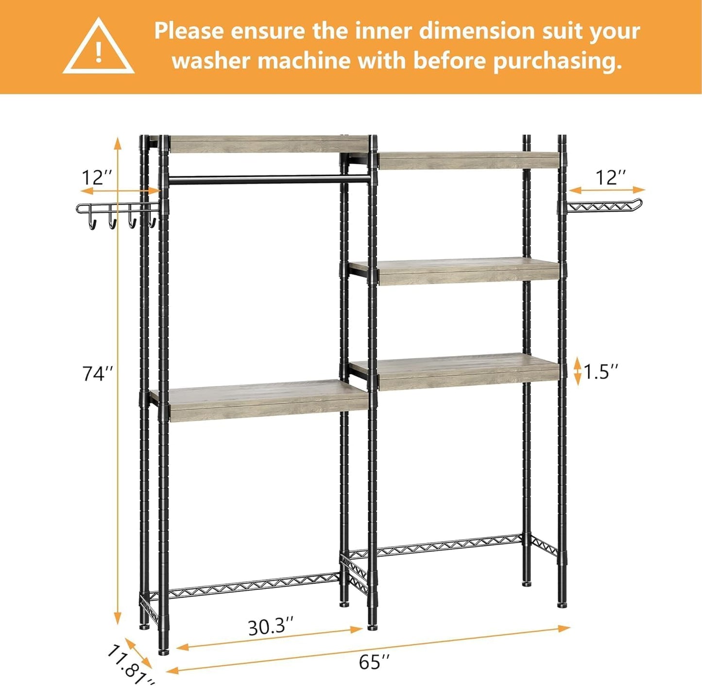 CABIHOME 5-Tier Over-The-Washer Shelf - Adjustable Height Laundry Organizer Space Saver, Double-Layer 100lb Shelves, 2 Hooks for Bathroom/Balcony (Grey & Black)