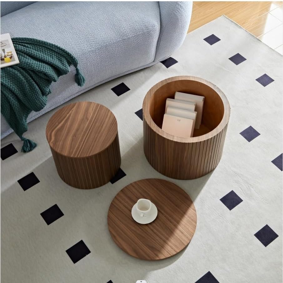 Nesting Coffee Table Set of 2,Modern Round Wooden Coffee Tables with Storage,Luxury Side Table Accent End Table for Small Space Living Room Apartment