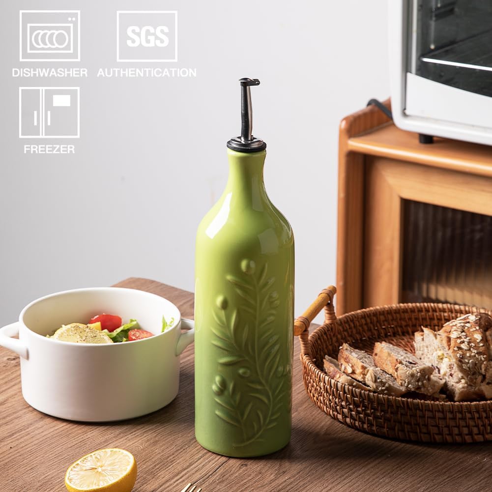 Sweejar Large Olive Oil Dispenser Bottle with Spout, 24 Oz Ceramic Oil Dispenser for Kitchen, Relief Opaque Oil Cruet, Oil Container for Cooking, EVOO, Avocado Oil, Vinegar, Pack of 1(Gradient Green)