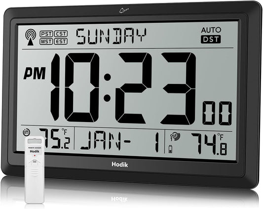 Wall Clock Atomic with Indoor Outdoor Temperature Battery Powered, Easy Reading with 10.5 Inch Large LCD Display, 330FT Range Table Wall Clock with DST, 12/24 Hour for Living Room Kitchen (Black)