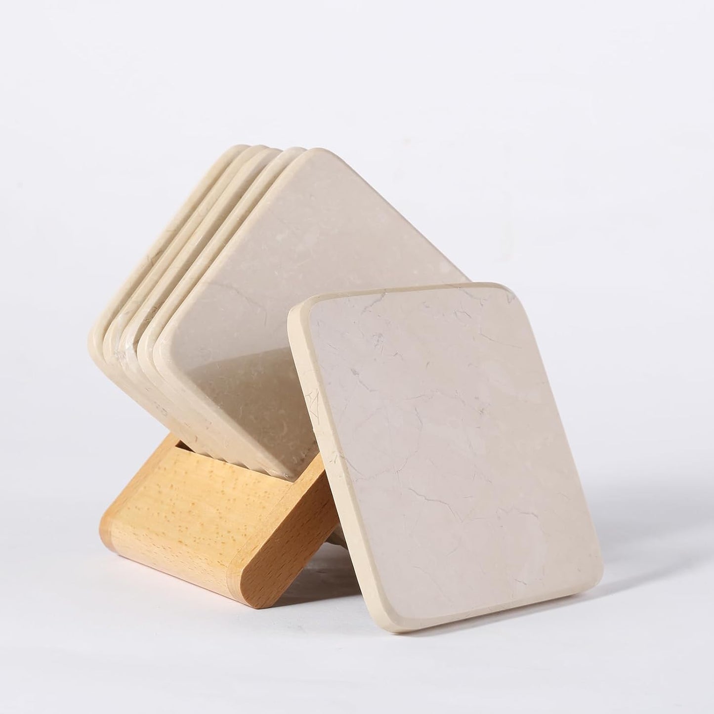 BCS Marble Coasters Set of 6 with Holder, Square Stone Drink Coasters for Coffee, Wine and Cocktails, Non-Slip Durable Cup Mats, Elegant Home, Bar & Kitchen Table Decor (Crema Beige)