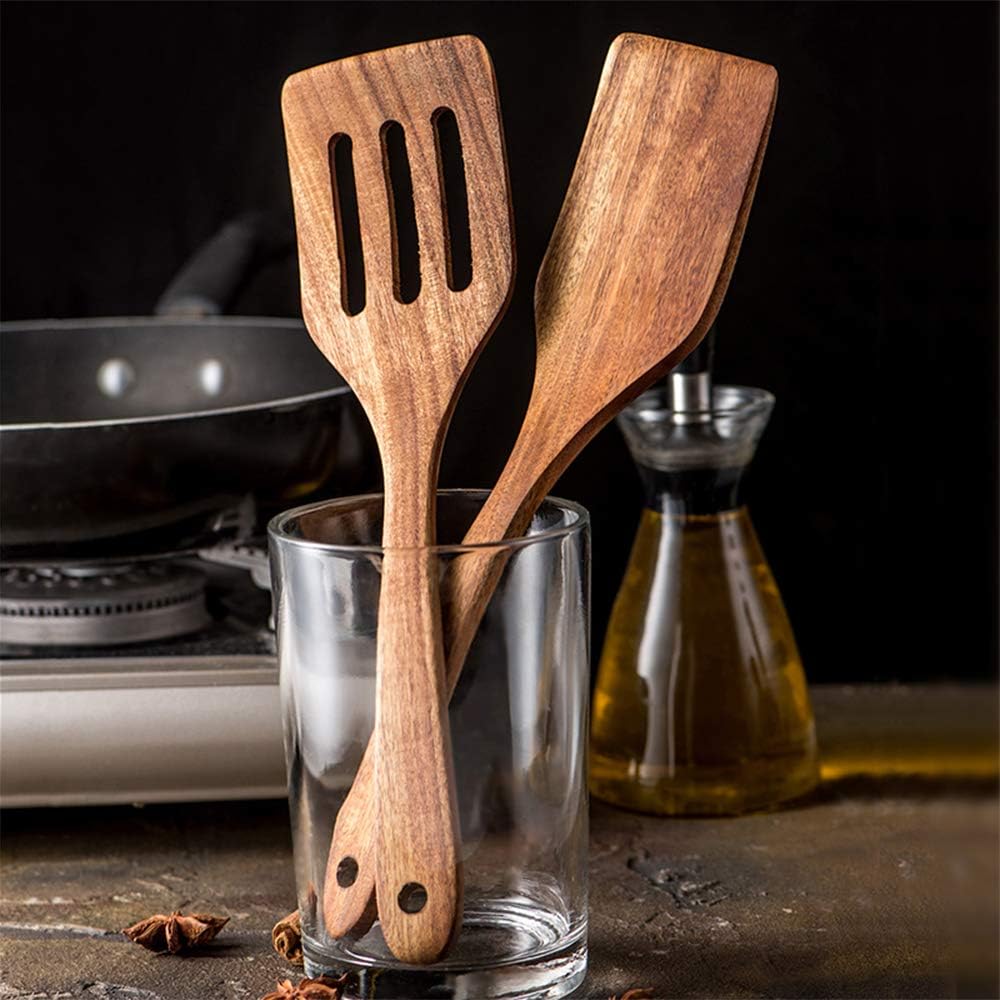 7 Pcs Acacia Wood Cooking Utensils Set Large Wooden Spoons for Cooking Spatula Salad Mixing Spoon Non Toxic Utensil for Kitchen Use Spatulas Non Stick Turner Slotted Serving Spoon Kitchen Utensils