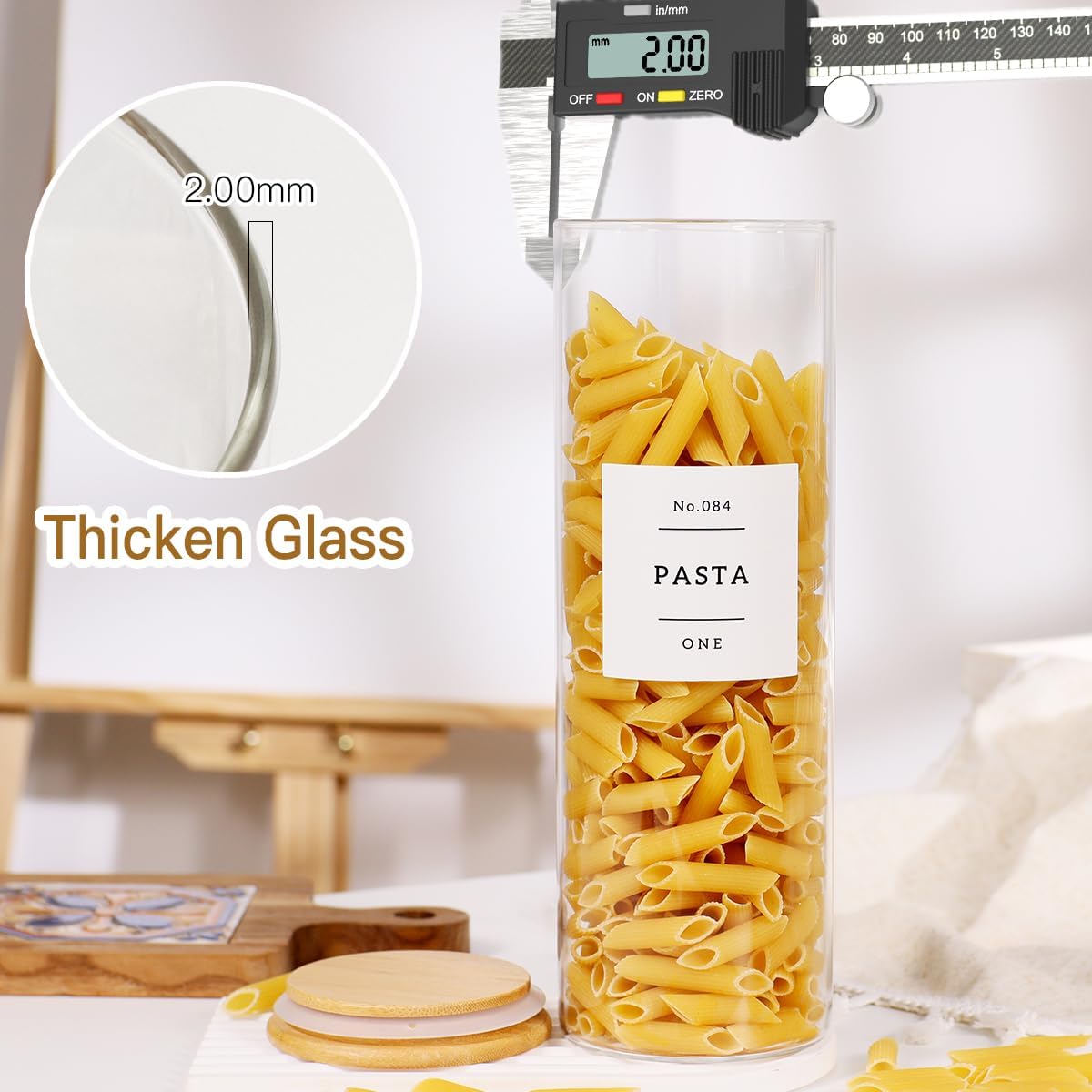 4 Pack Glass Jar with Airtight Wood Lid and White 132 Kichen Pantry Labels Preprinted - 38 Oz Clear Round Glass Food Storage Containers set For Cereal Rice Sugar