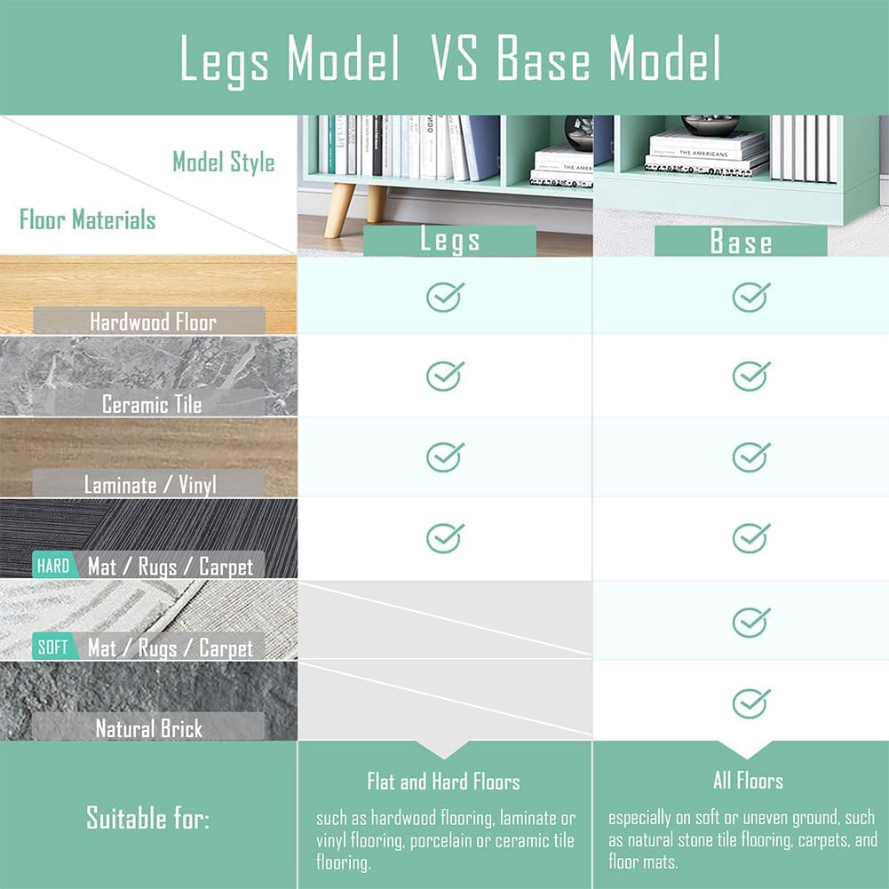 IOTXY Wooden Open Shelf Bookcase - 3-Tier Floor Standing Display Cabinet Rack with Legs, 7 Cubes Bookshelf, Tiffany-Green