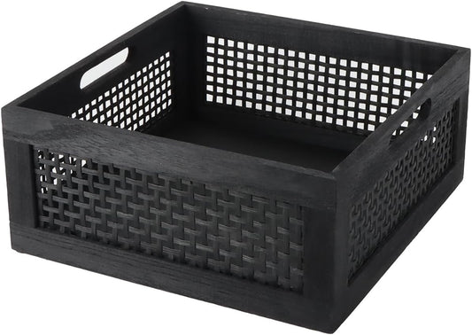 YRMT Wood Storage Crate Basket Rustic Wooden Storage Container for Organizing Decorative Bamboo Box with Handles for Pantry, Shelves Organizer 11.4" x 11.4" x 5" (Black)