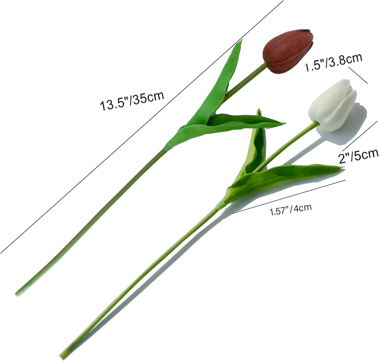 Mandy's Artificial Tulips 20 Stems White and Brown PU Faux Flowers for Wedding Home Decor 13.5 Inch