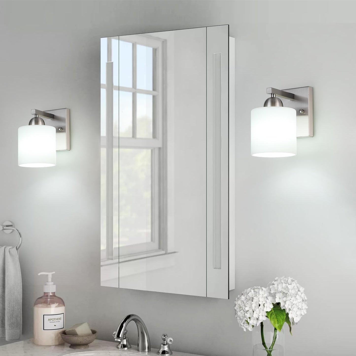 Brushed Nickel Milk Glass Wall Sconces, 1 Pack Hardwired Indoor Wall Light Fixtures for Living Room, Hallway, Bedroom, Ceramic E26 Sockets (Bulbs Not Included)