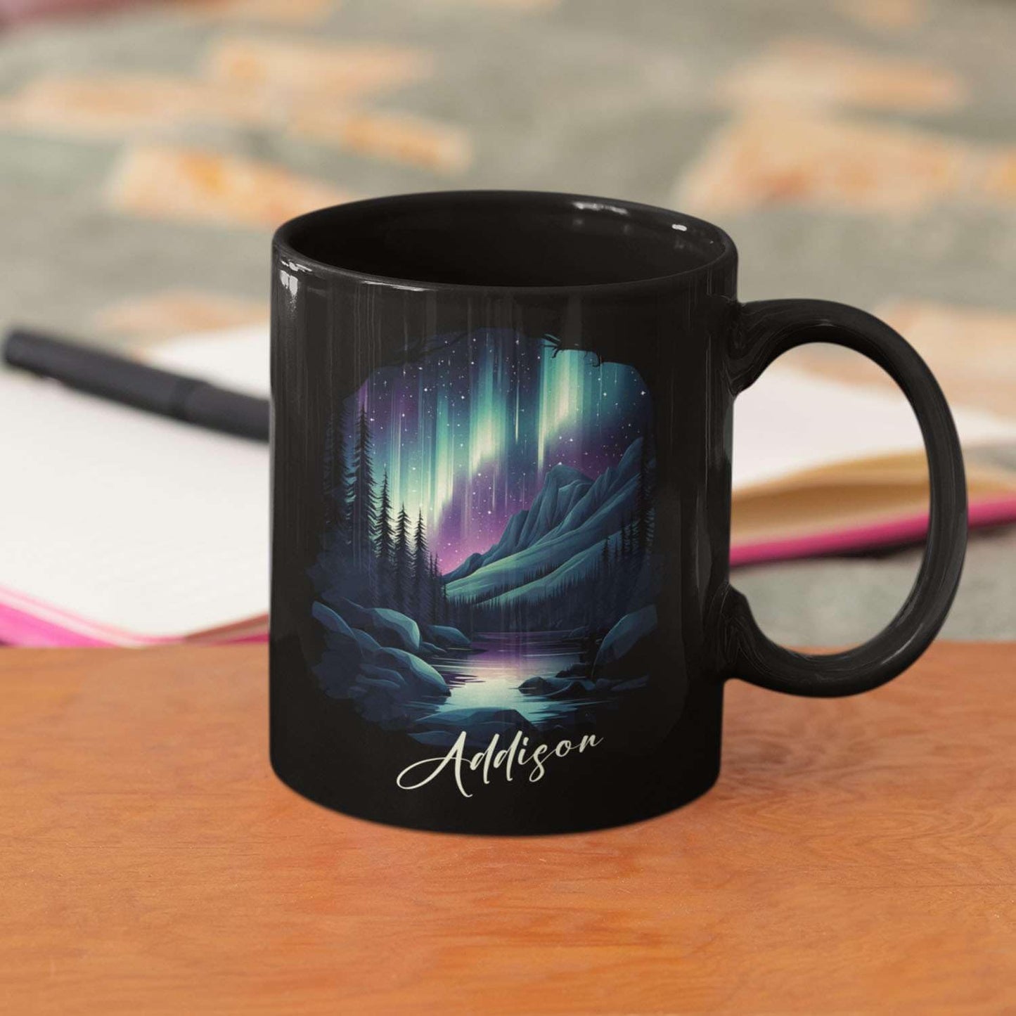 Customized Name Coffee Cup 11oz 15oz, Personalized Northern Lights Landscape Mug, Scenic Mountain And River Black Cup, Custom Northern Lights Inspired Ceramic Mug, Gift For Women
