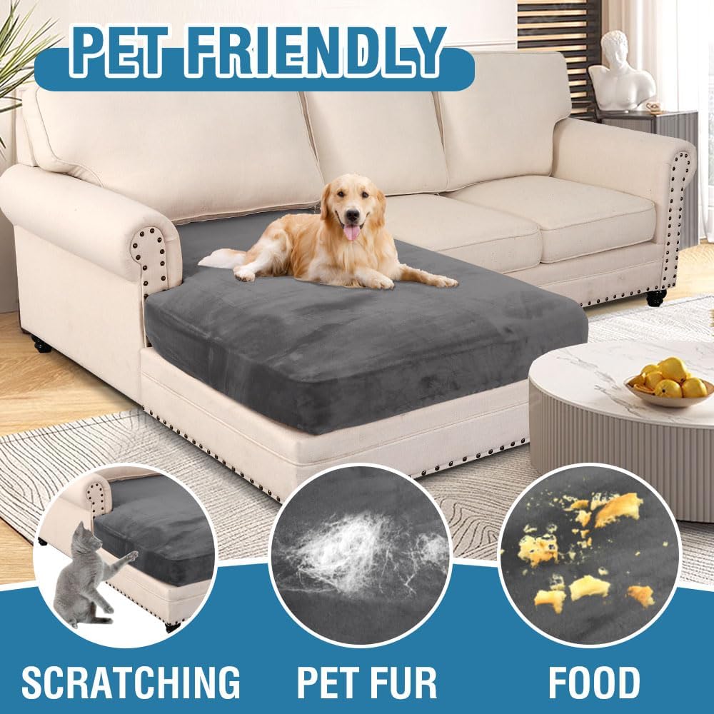 H.VERSAILTEX Velvet Stretch Individual Chaise Cover Sectional Couch Covers for L Shaped Sofa Both Left/Right Furniture Protector Seat Cushion Sofa Cover (1 Piece Chaise Cover, Grey)