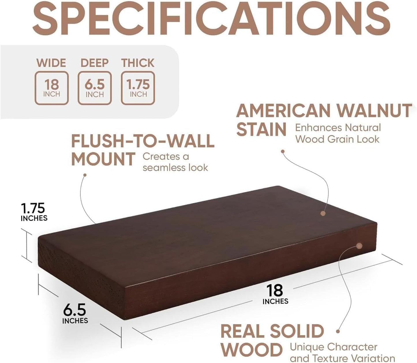 Homeforia Walnut 18 inch Floating Shelf, High End Solid Real Wood 18inch Floating Shelves for Wall Mounted, Dark Brown 18 inches Long Floating Shelves, Heavy Duty Bracket, 18 X 6.5 X 1.75 in, Set of 3