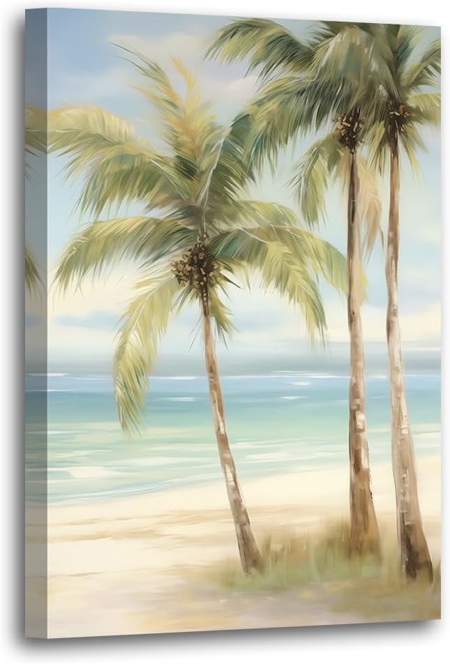 LURENCZH Tropical Beach Canvas Wall Art Seaside Palm Tree Picture Wall Decor Ocean Scenery Painting Prints for Bathroom Decor Framed(Beach-3,12.00" x 18.00")