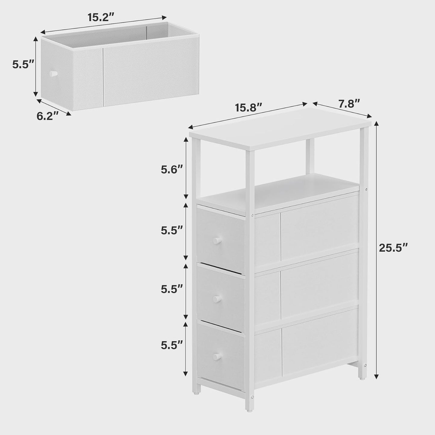 TUTOTAK Narrow Night Stand, Slim End Table, Tall Side Table with 3 Fabric Drawer, Small Bedside Table with Storage, Set of 2, for Living Room, Bedroom, White TB01BW072