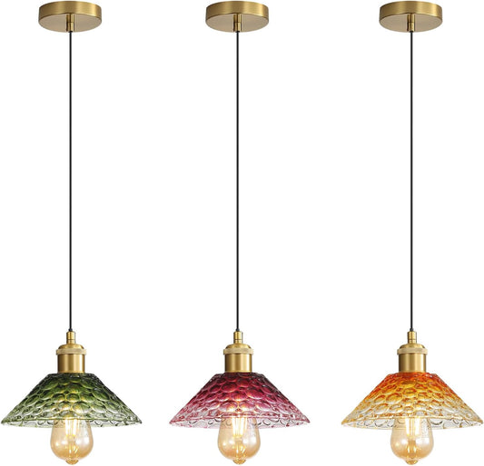 3-Pack Pendant Lights, Modern Glass Ceiling Hanging Light Fixtures,Adjustable Three Color Glass Shades Vintage Gold Chandeliers for Kitchen Island Dining Room Livingroom Entryway Farmhouse Bar